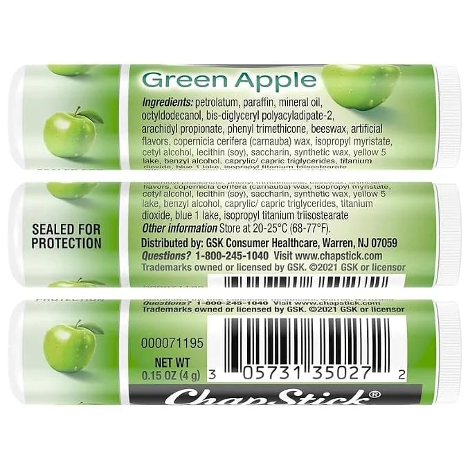 ChapStick Lip Moisturizer, Green Apple, 12-Pack Limited Edition Bulk Lip Balm, Sweet & Aromatic, 0.15 Oz Ea