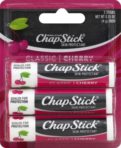 ChapStick Classic (1 Blister Pack of 3 Sticks, Cherry Flavor) Skin Protectant Flavored Lip Balm Tube, 0.15 Ounce Each, 3 Count (Pack of 1)