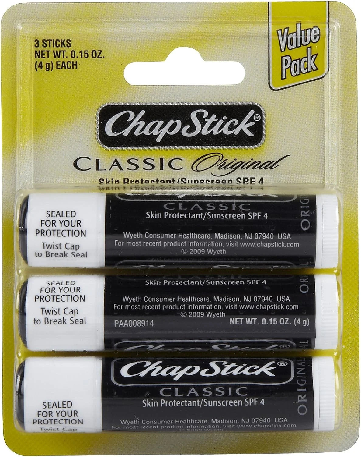 ChapStick Classic, Skin Protectant Flavored Lip Balm Tube, 3 Count (Pack of 1)