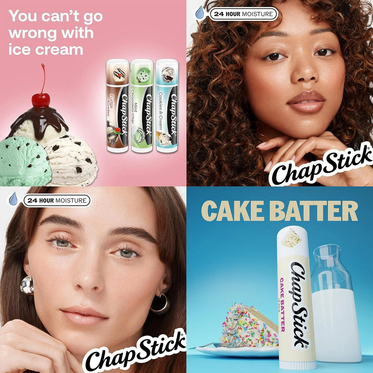 ChapStick Lip Balm Set, Ice Cream Flavors + Cake Batter, 0.15 Oz Ea