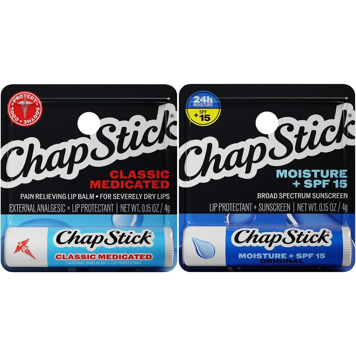 ChapStick Lip Balm Set, 1 Classic Medicated + 1 Moisture SPF 15, 0.15 Oz Ea