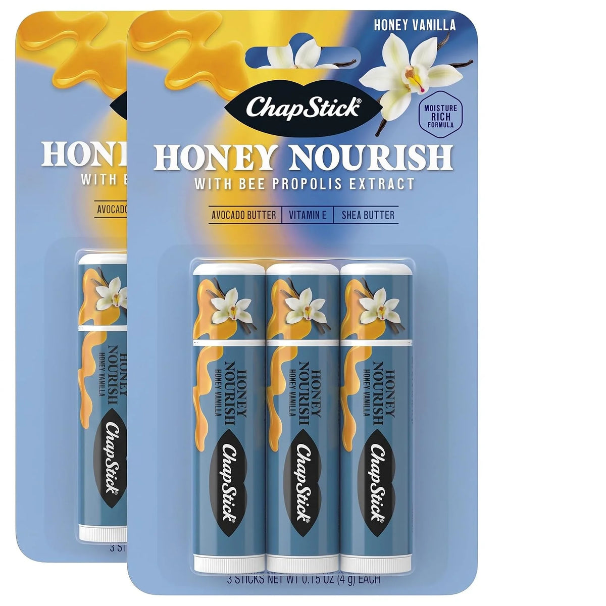 ChapStick Lip Balm Honey Nourish, Moisturizing Fomula with Shea Butter and Avocado Butter, Vitamin E, Honey Vanilla Flavor, 3CT BC .45OZ (Pack of 2)