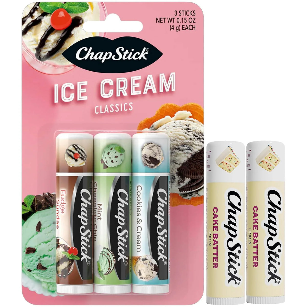 ChapStick Lip Balm Set, Ice Cream Flavors + Cake Batter, 0.15 Oz Ea