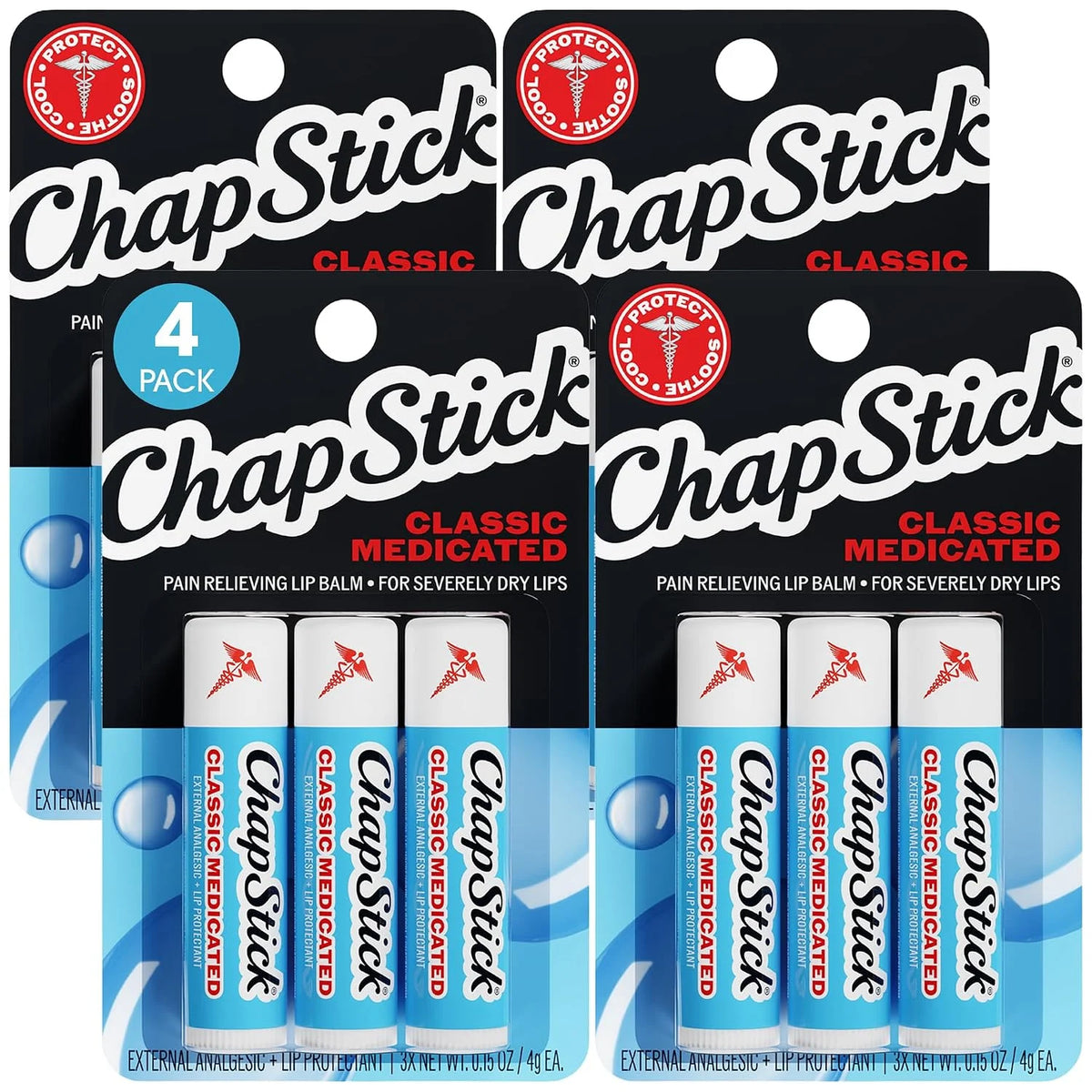 ChapStick Classic Medicated 4-Pack (3 Sets/12 Tubes) – Moisturizing Lip Balm, Dry Lips & Cold Sore Pain Relief Bundle, 0.15 Oz Ea
