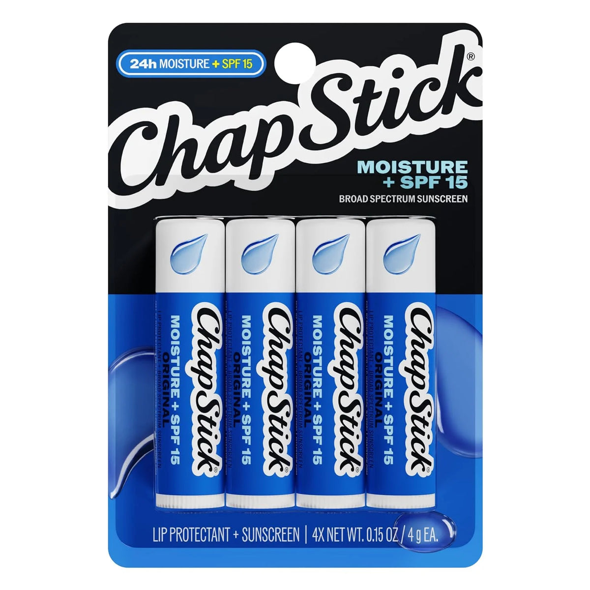 ChapStick Moisture SPF + 15 Lip Balm Sticks with 24 Hour Moisture, 4-Pack