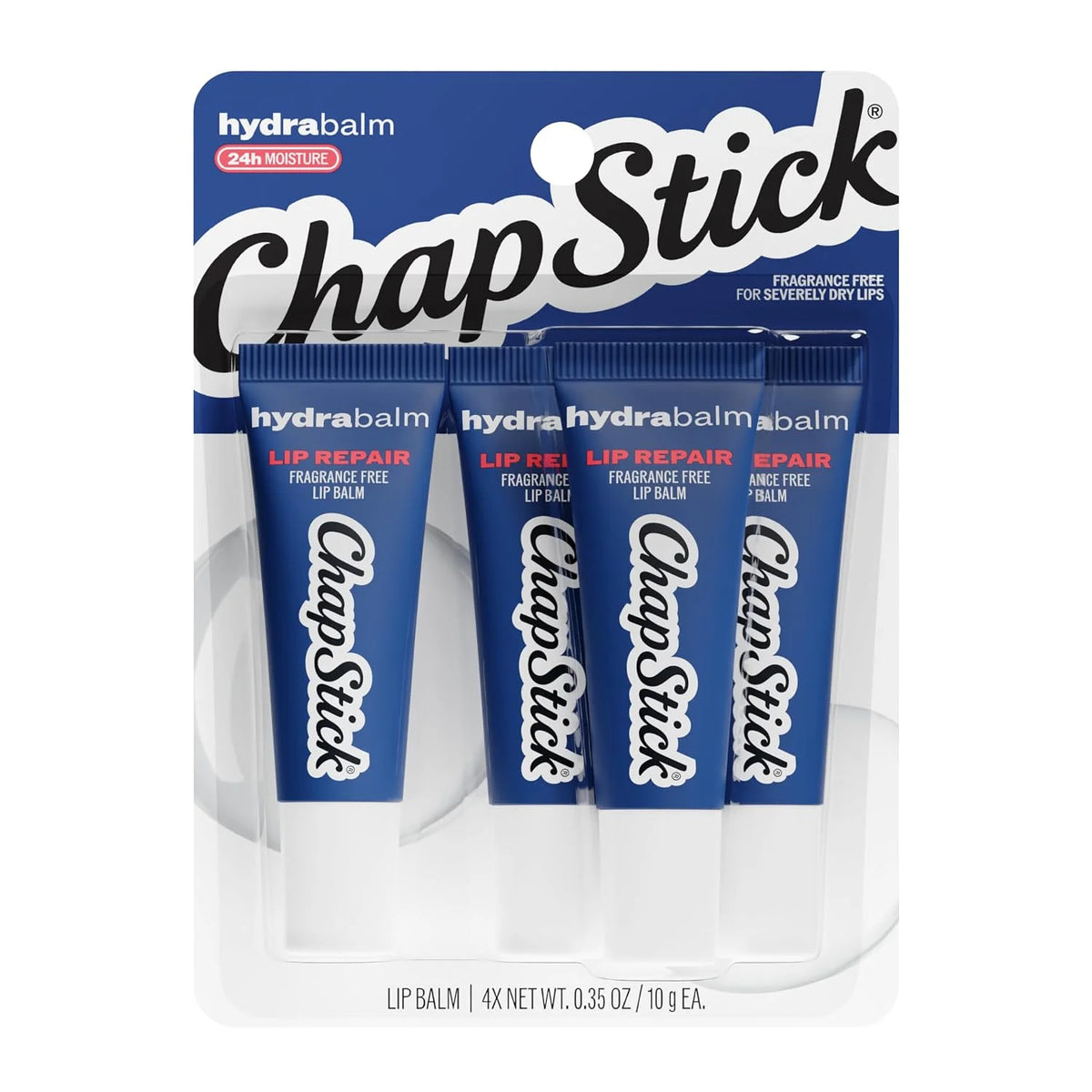 ChapStick HydraBalm Fragrance Free Lip Balm Tubes, 24 Hour Moisture, 4-Pack