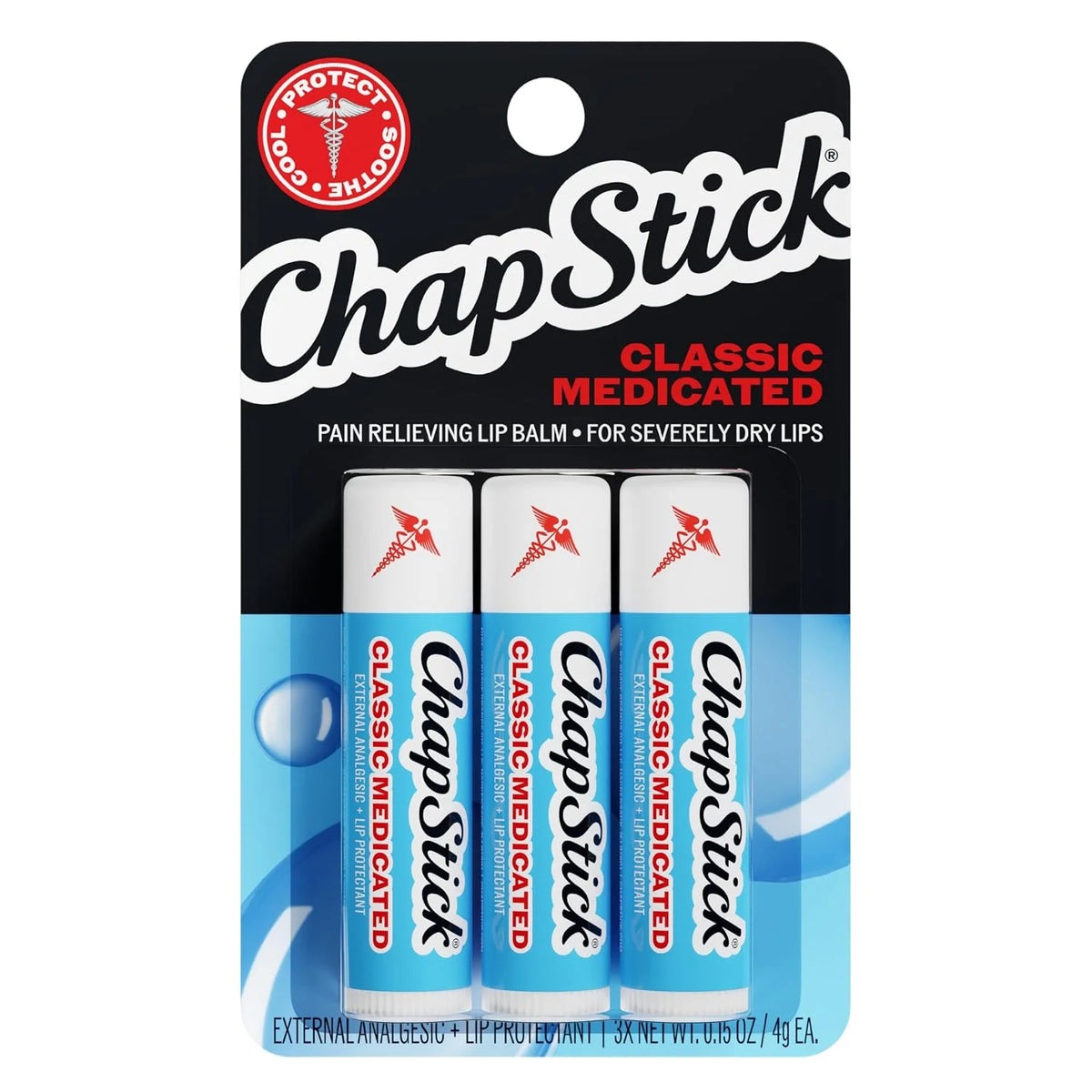 ChapStick Classic Medicated Lip Protectant + External Analgesic, Relieves Dryness, Hydrating Lip Balm, Cold Sore Pain Relief, 3-Pack, 0.15 oz Each