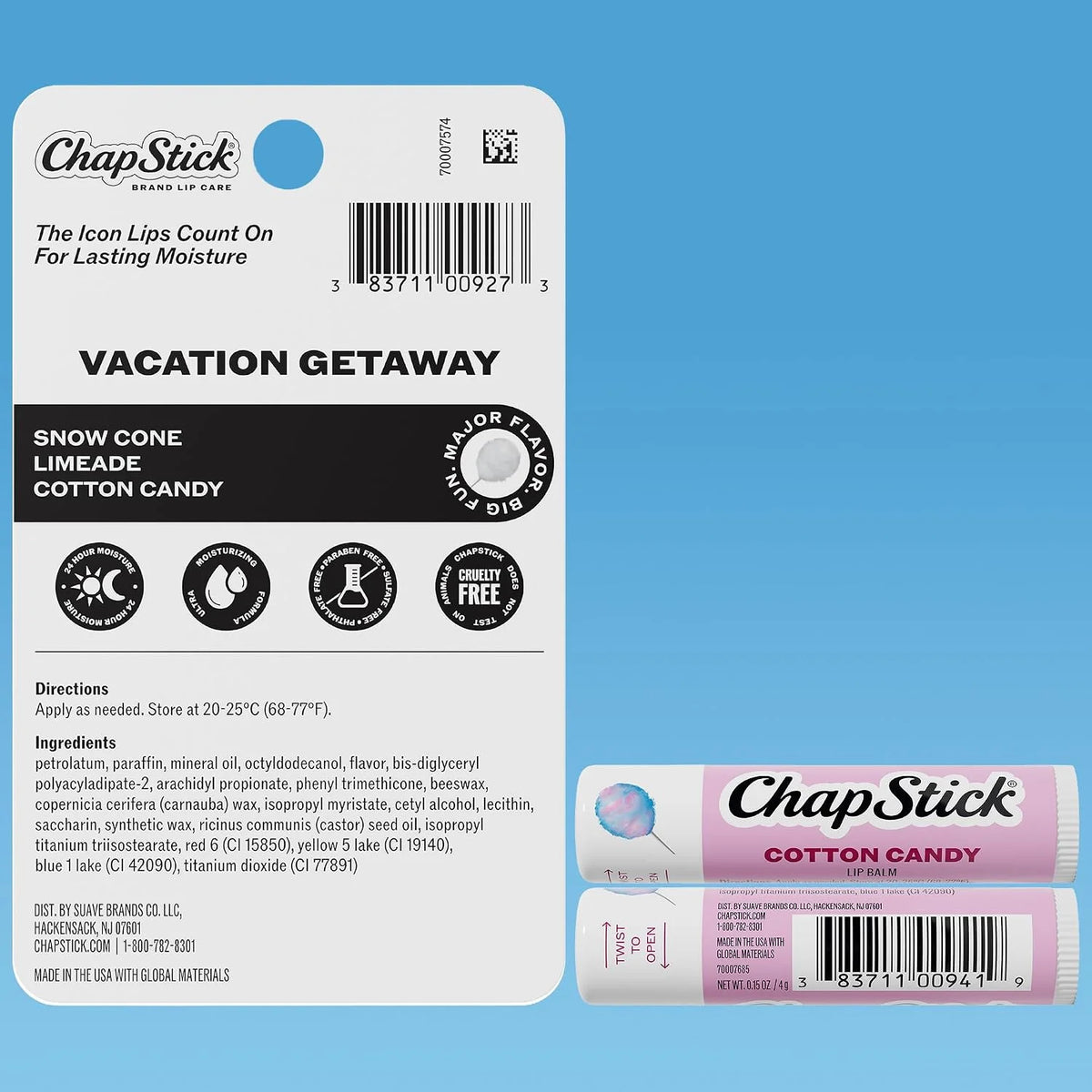 ChapStick Lip Balm Vacation Getaway Set + 2 Cotton Candy, 0.15 Oz Ea