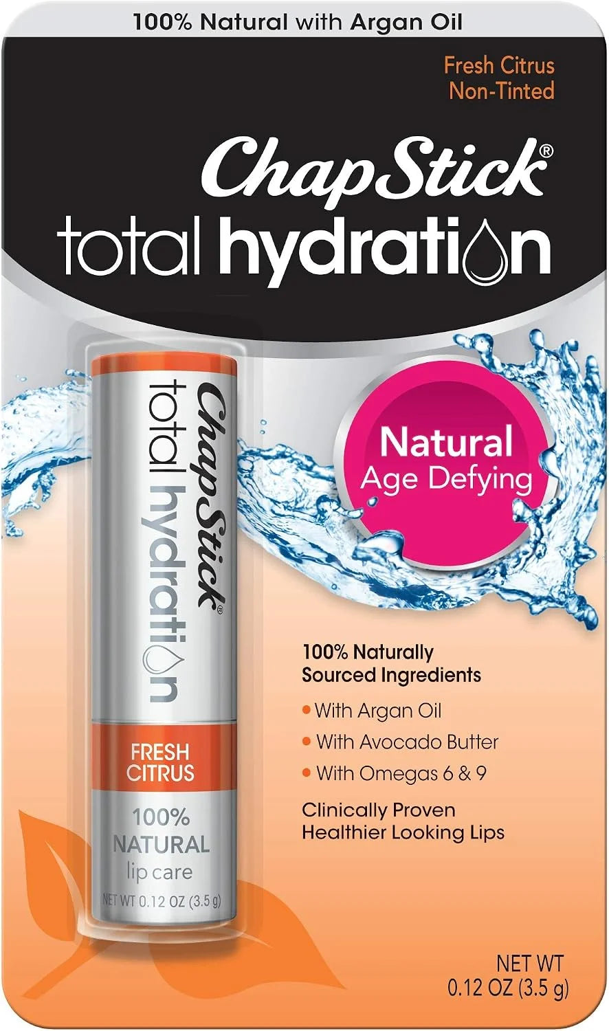 ChapStick Total Hydration (Fresh Citrus Flavor, 0.12 Ounce) Flavored Lip Balm Tube, Natural Age Defying Lip Care, Clinically Proven