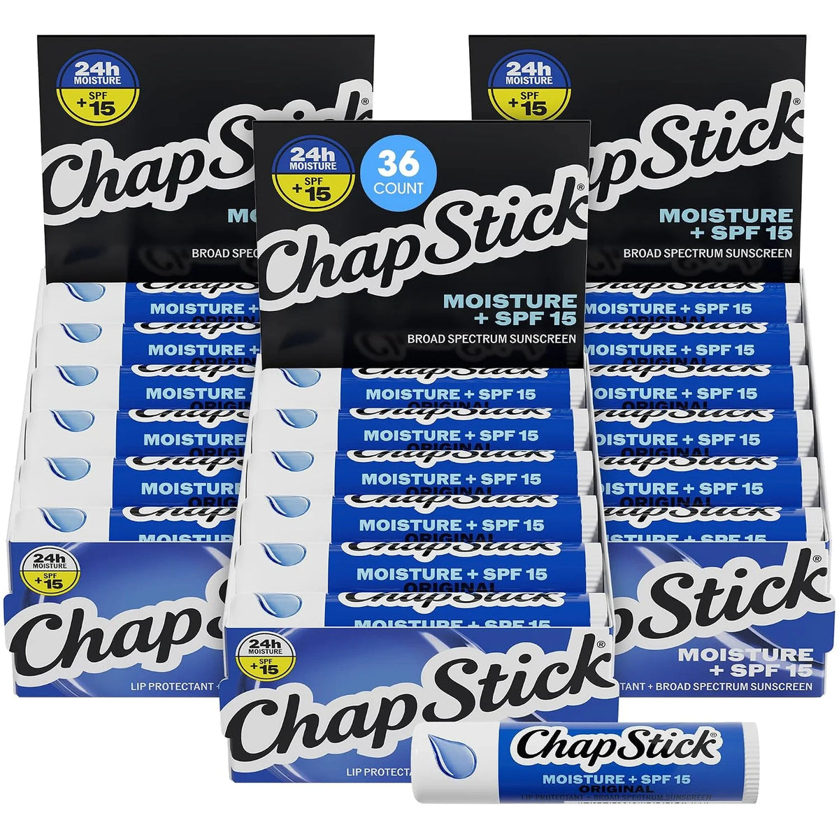 ChapStick Moisturizer 2-in-1 Lipcare SPF 15, Original, 36-Pack – 8-Hour Sunscreen Lip Balm with Aloe Vera and Vitamin E, 0.15 Oz Ea