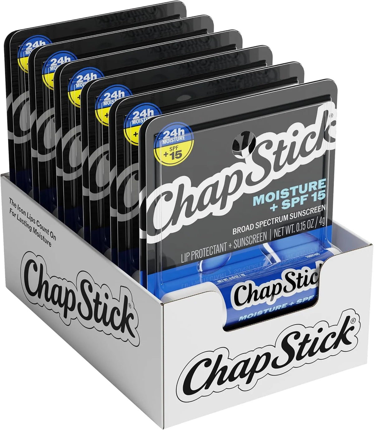 ChapStick Moisture SPF + 15 Lip Balm Sticks with 24 Hour Moisture, 12-Pack
