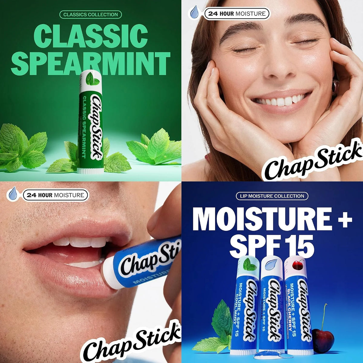 ChapStick Moisture + SPF 15 Variety Pack + Spearmint Lip Balm, 0.15 Oz Ea