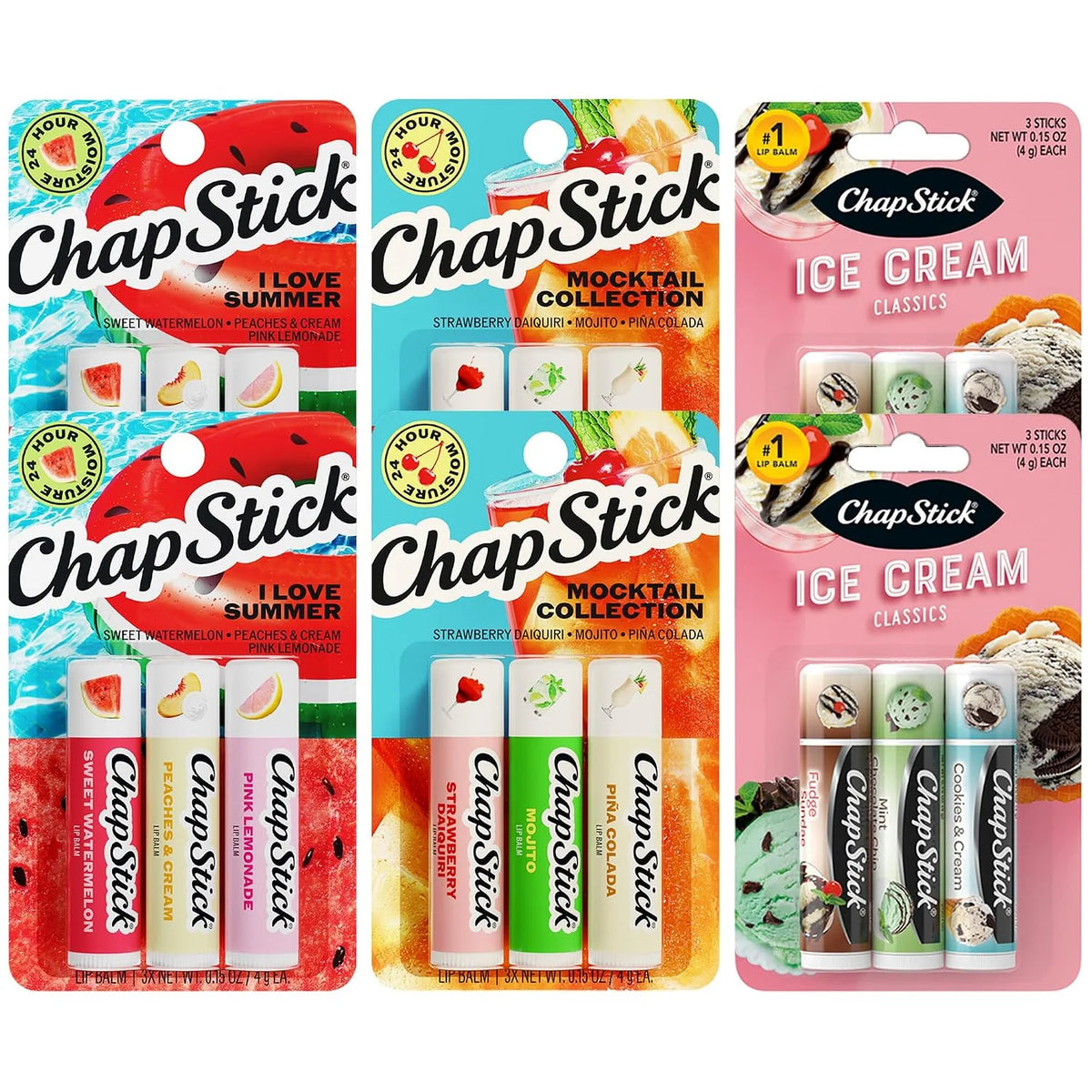 ChapStick Lip Balm Variety Packs (18 Sticks) – Ice Cream Classics, I Love Summer, and Mocktail Collection, Party Favors, 0.15 Oz Ea