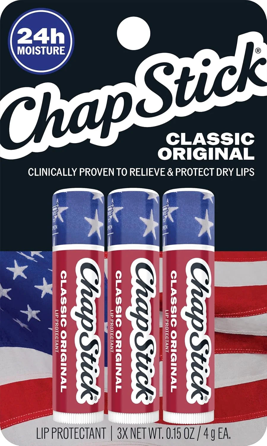 ChapStick Lip Balm, Classic Original Americana 3-Count, Lip Moisturizer for Dry Lips, 0.15 Oz Ea (Pack of 2)