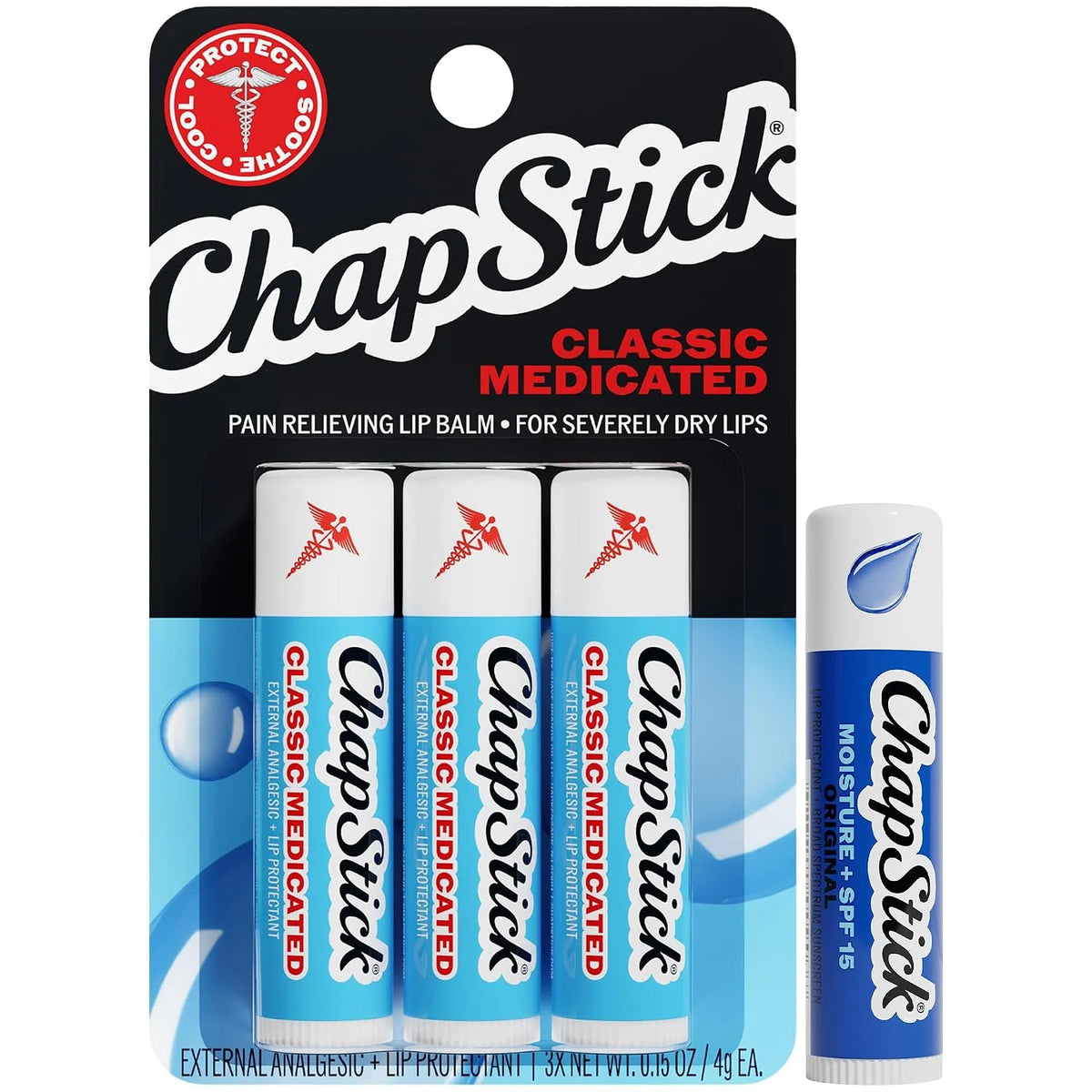 ChapStick Lip Balm Set, 3 Classic Medicated + 1 Moisture SPF 15, 0.15 Oz Ea