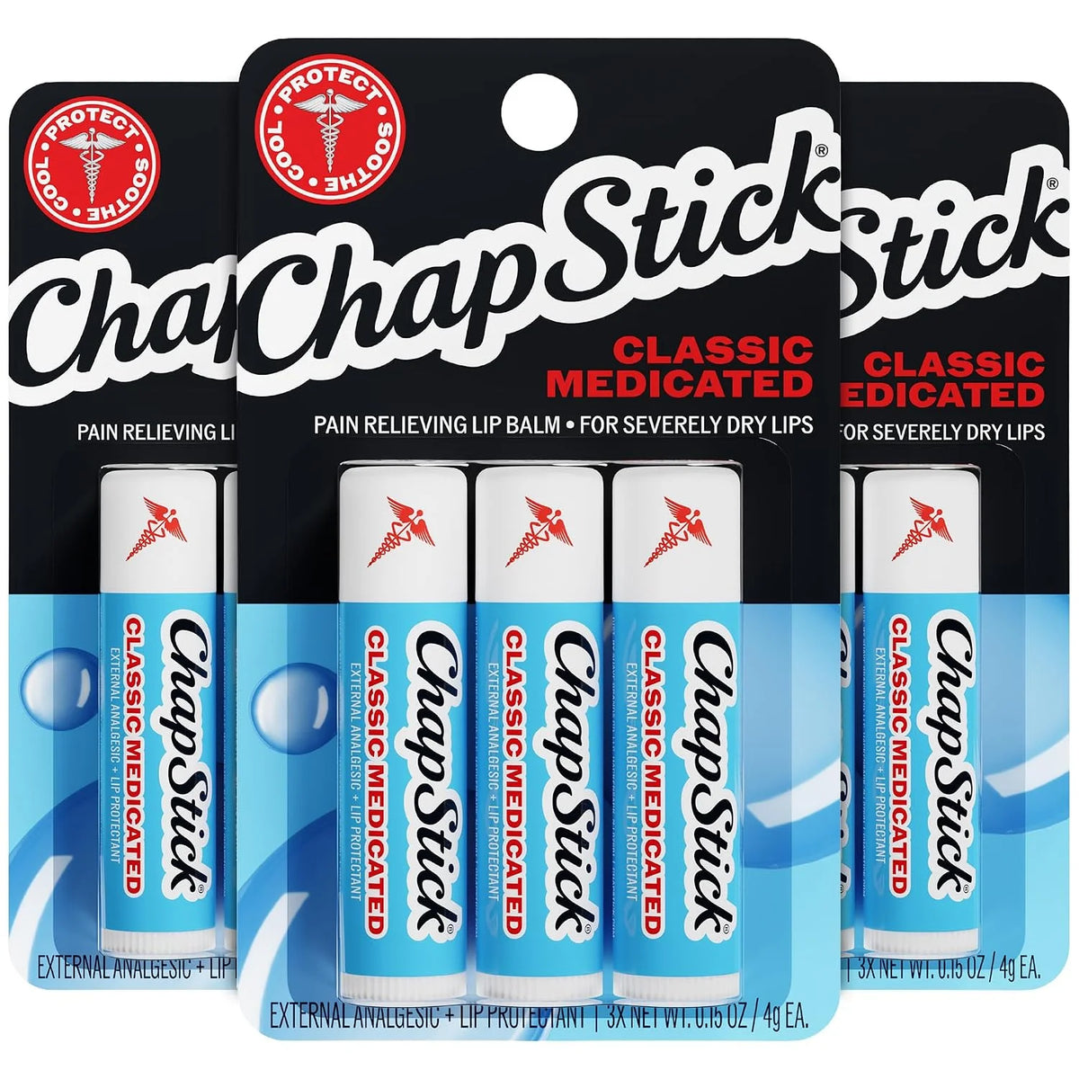 ChapStick Classic Medicated 3-Pack (3 Sets/9 Tubes) – Moisturizing Lip Balm, Dry Lips & Cold Sore Pain Relief Bundle, 0.15 Oz Ea