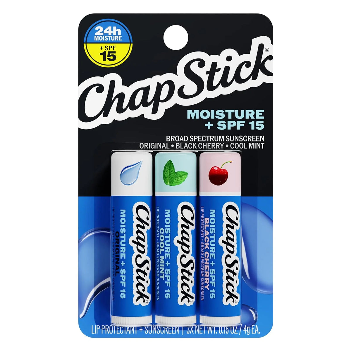 ChapStick Moisturizer 2-in-1 Lipcare SPF 15, Original, Black Cherry, Cool Mint, 3-Pack – Sunscreen Lip Balm with Aloe Vera and Vitamin E, 0.15 Oz Ea