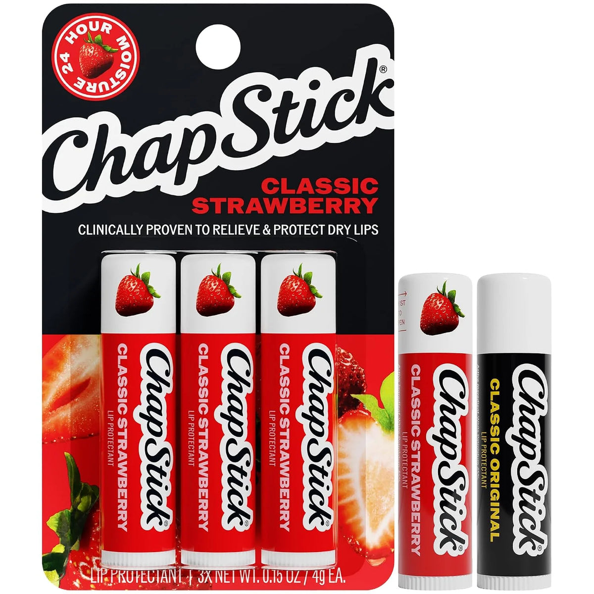 ChapStick Classic Lip Balm Set, 1 Original + 4 Strawberry, 0.15 Oz Ea
