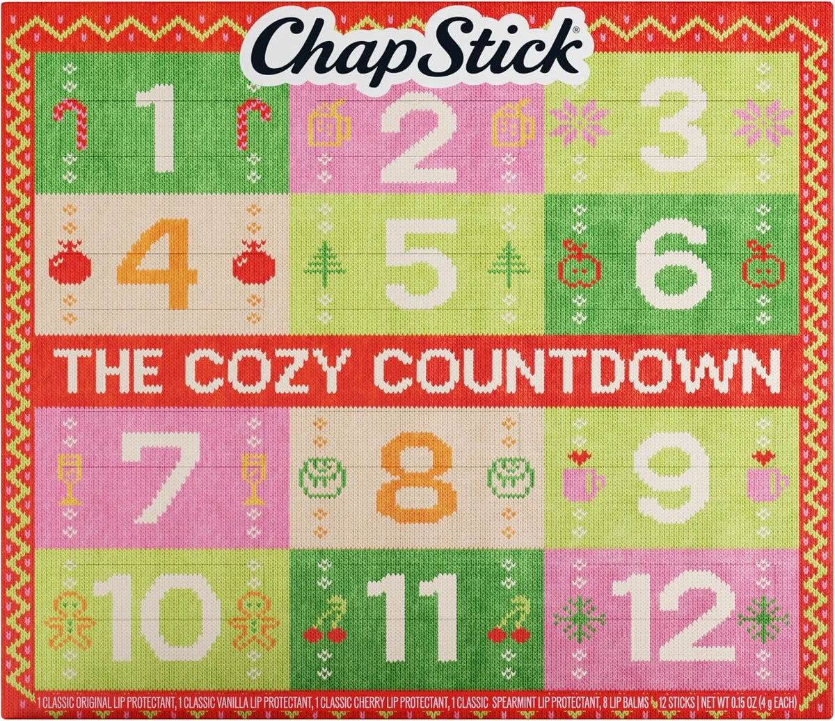 ChapStick Cozy Countdown Advent Calendar Flavored Lip Balm Set, 12-Pack