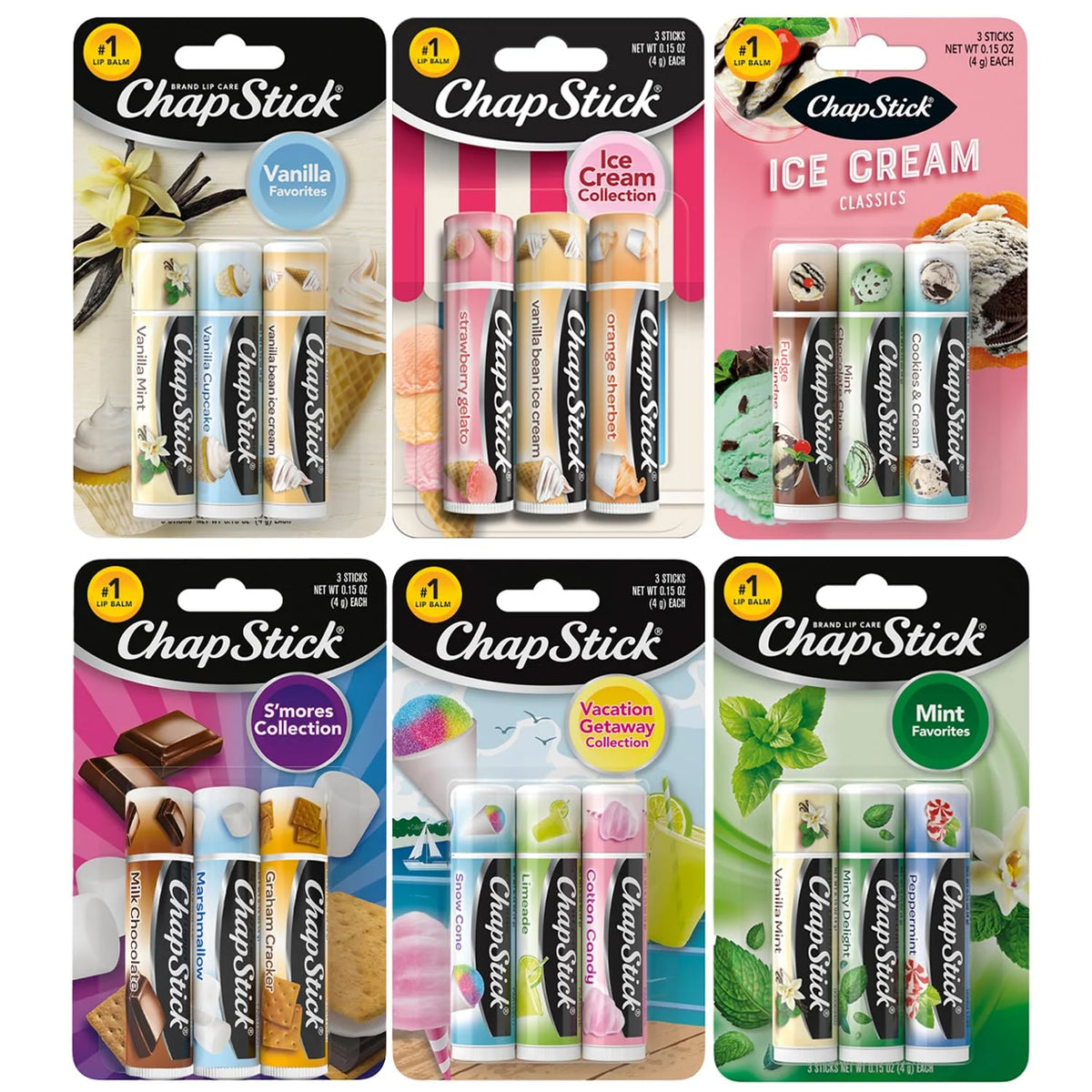 ChapStick Lip Balm, Oh-So-Sweet Bundle, 18-Pack – Vanilla & Mint Favorites, Ice Cream, S’Mores & Vacation Getaway Collections, Birthday Gifts, Party Favors, 0.15 Oz Ea