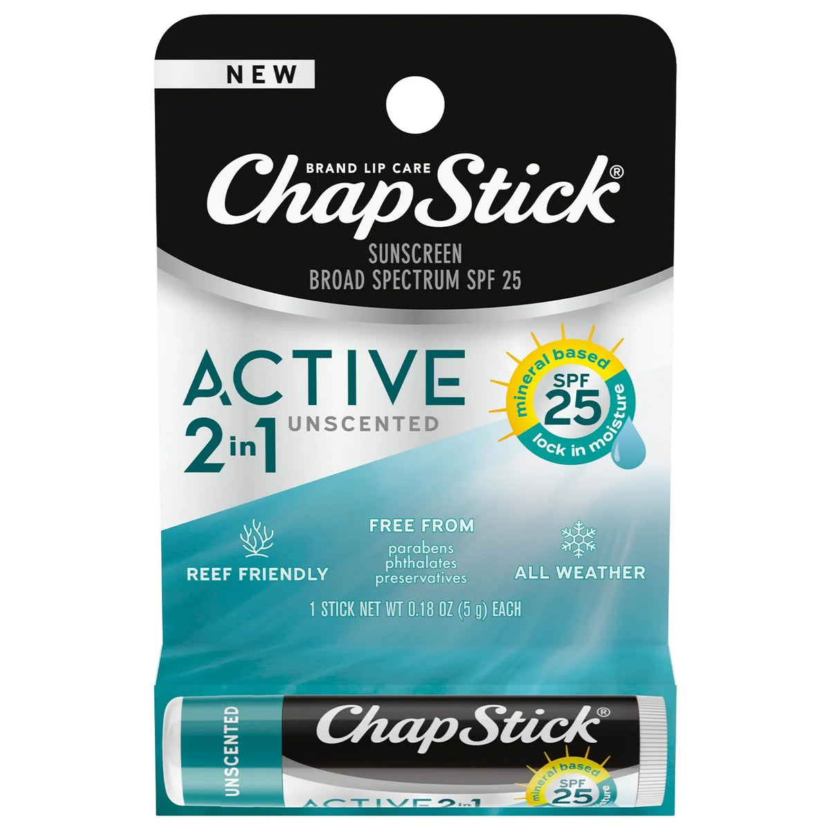 ChapStick Lip Sunscreen Active 2-in-1 Unscented Lip Balm with SPF 25, 0.15 Oz Ea