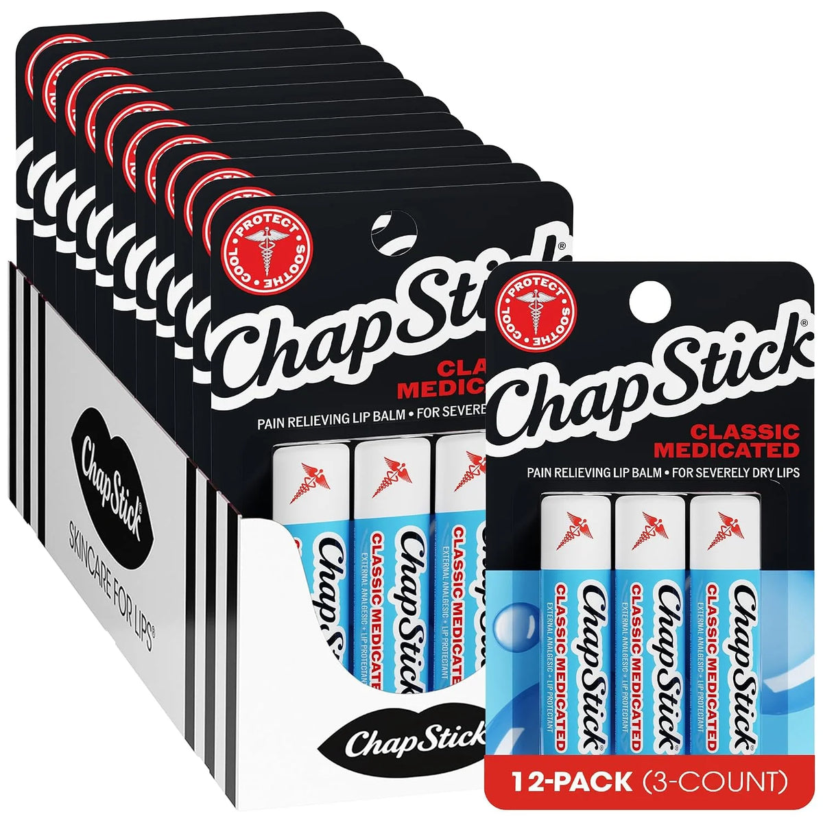ChapStick Bulk Classic Medicated Lip Balm 12-Pack (36 Sticks), 0.15 Oz Ea