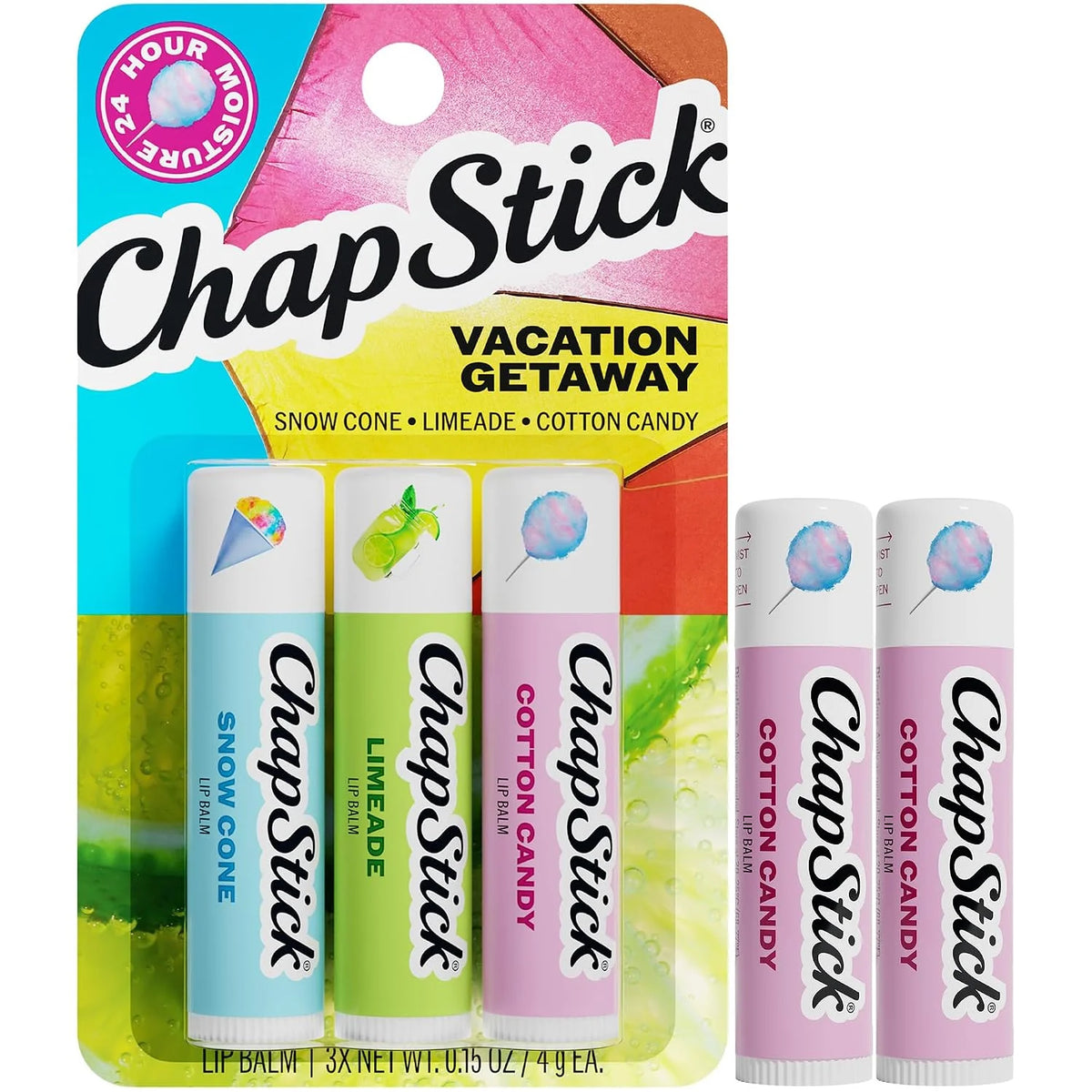 ChapStick Lip Balm Vacation Getaway Set + 2 Cotton Candy, 0.15 Oz Ea