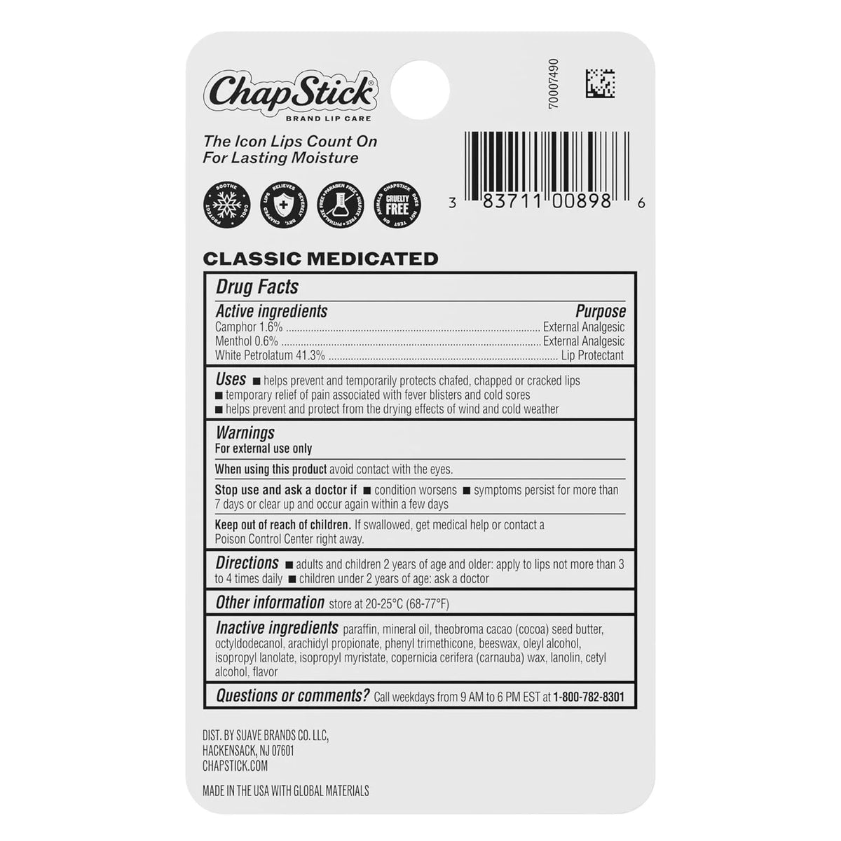 ChapStick Classic Medicated Lip Protectant + External Analgesic, Relieves Dryness, Hydrating Lip Balm, Cold Sore Pain Relief, 3-Pack, 0.15 oz Each
