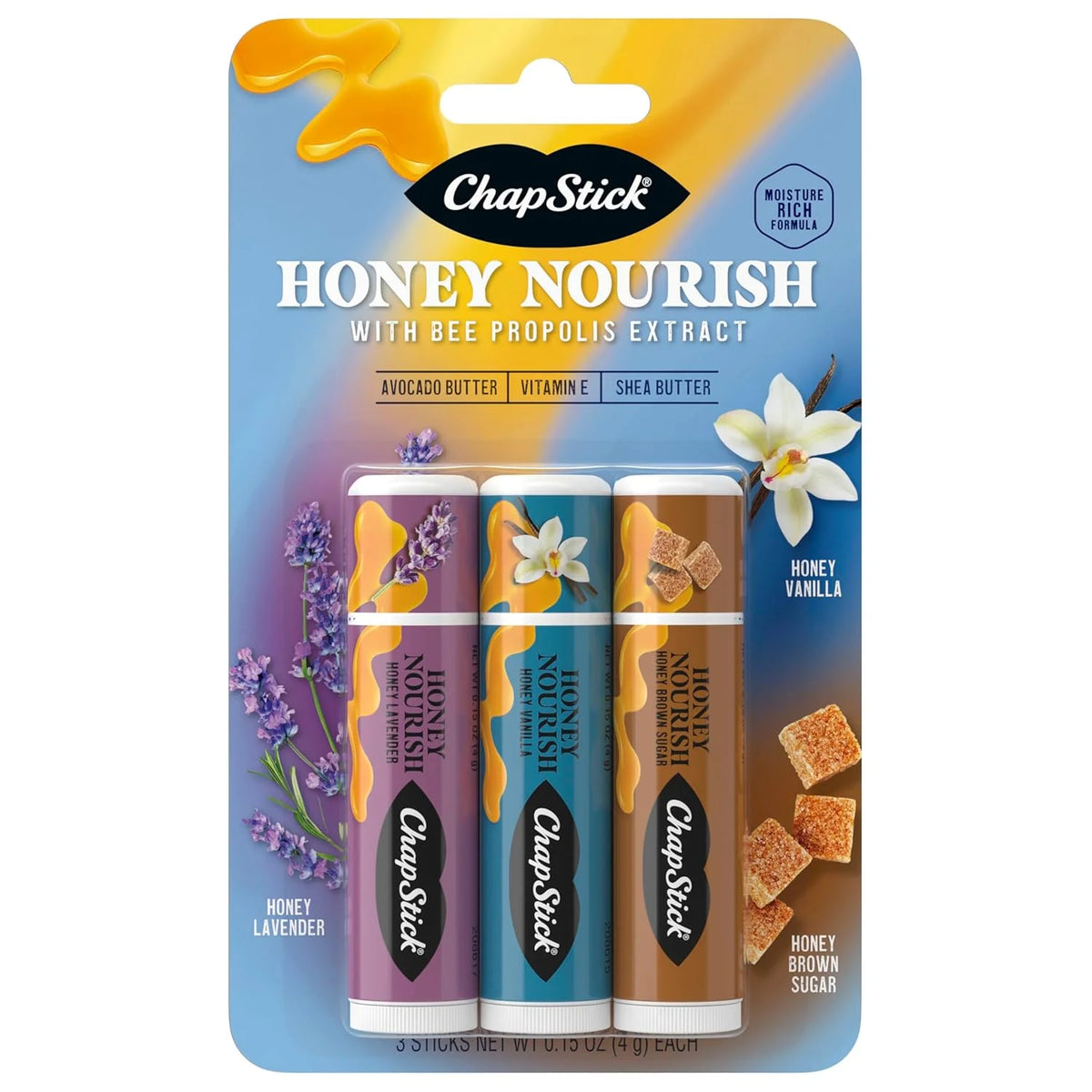 ChapStick Lip Balm Honey Nourish, Moisturizing Formula with Shea Butter and Avocado Butter, Vitamin E, Flavors Lavender, Vanilla, Brown Sugar, 3CT .45OZ