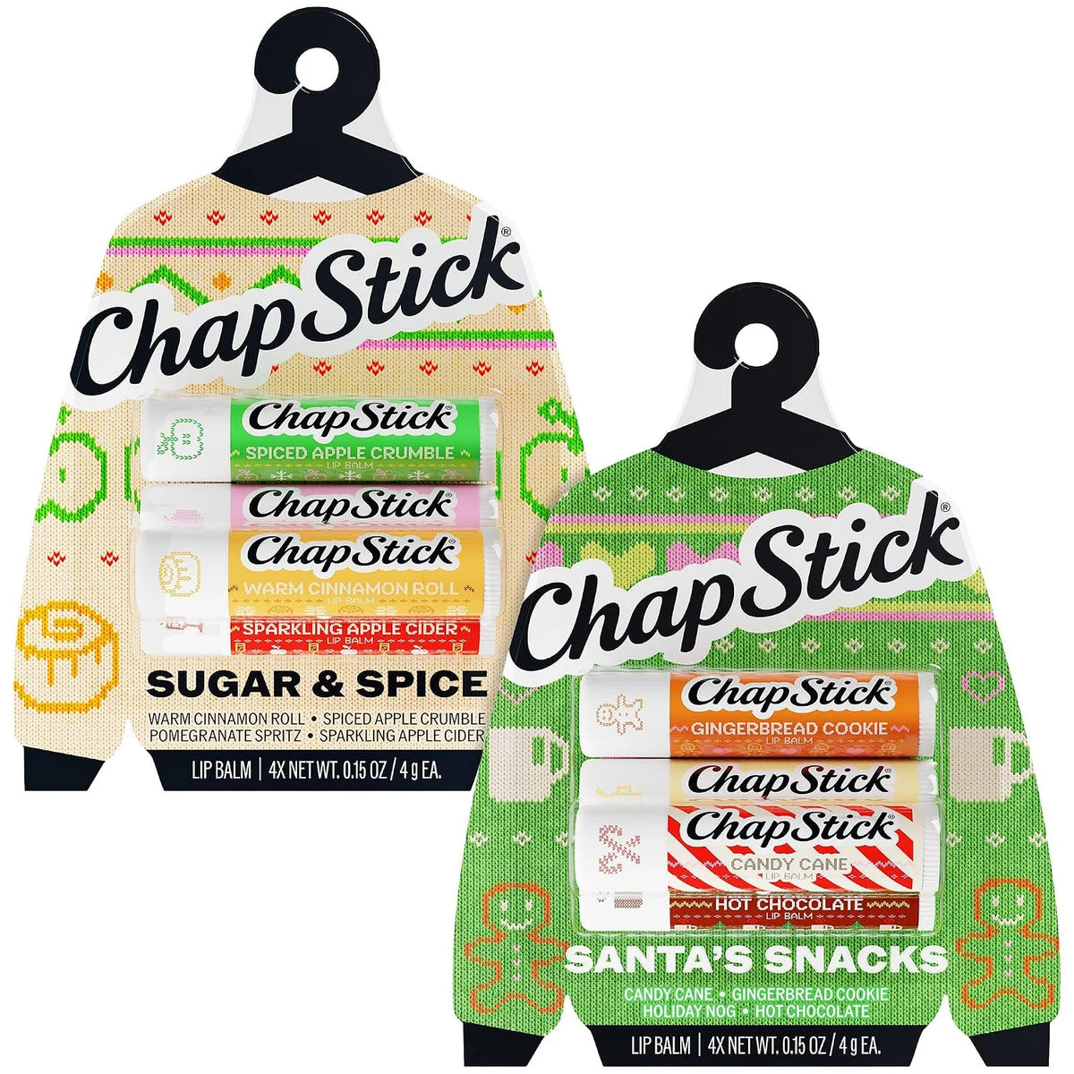 ChapStick Lip Balm, Holiday Variety Packs (8 Sticks) – Sips & Snuggles + Toasty Treats Flavored Lip Moisturizers, Stocking Stuffers, Gifts, Christmas Ornaments, 0.15 Oz Ea