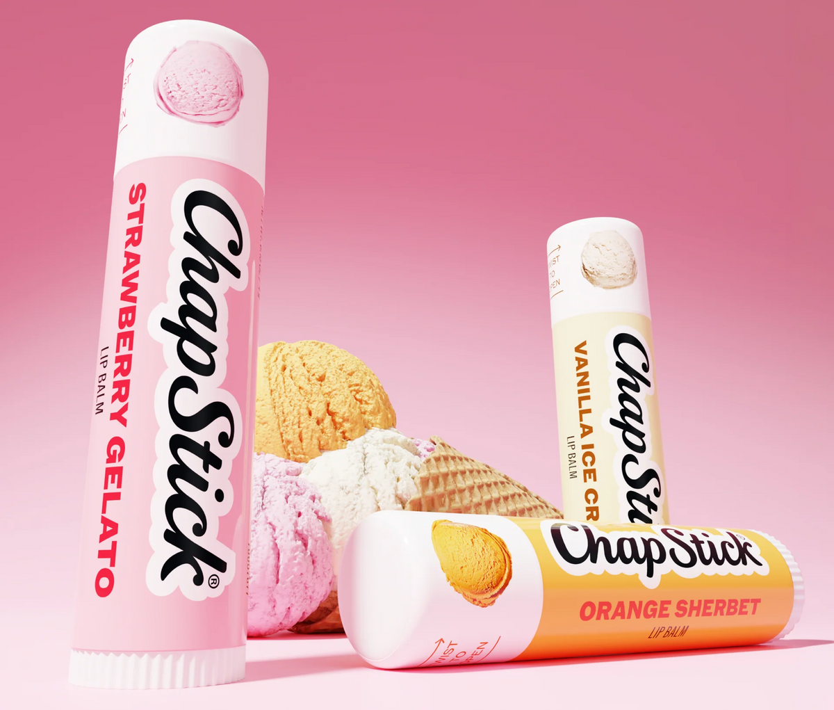 Three ice cream inspired lip balms with ice cream scoops and cones