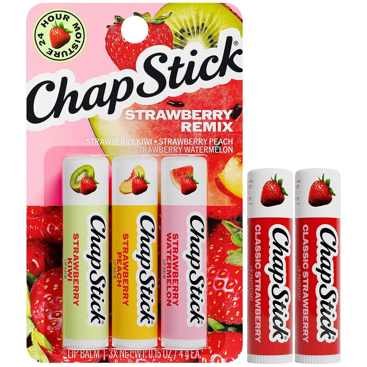 ChapStick Lip Balm Set, Strawberry Remix + 2 Classic Strawberry, 0.15 Oz Ea