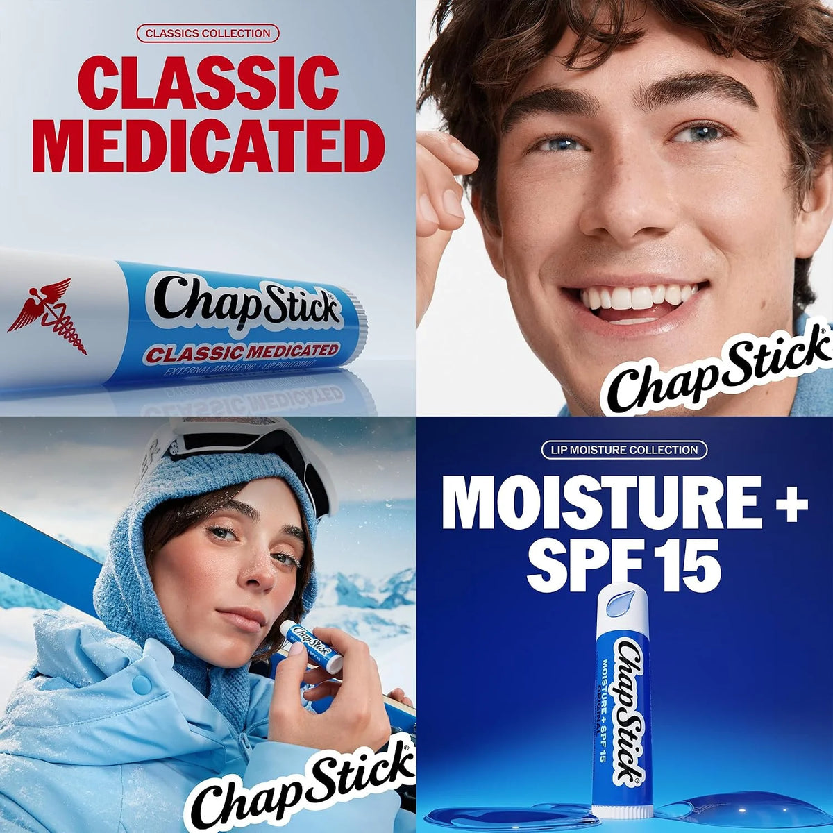ChapStick Lip Balm Set, 1 Classic Medicated + 1 Moisture SPF 15, 0.15 Oz Ea