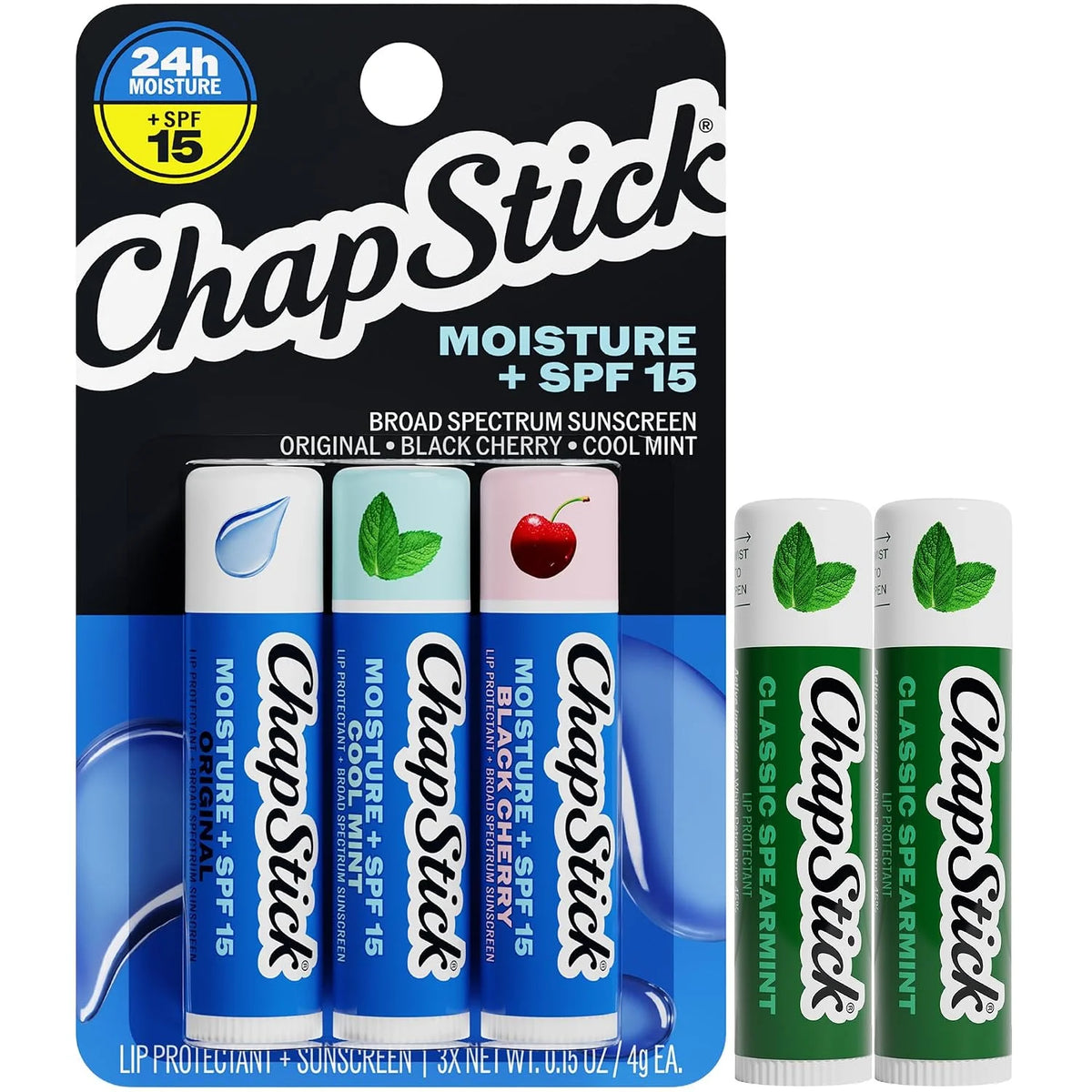 ChapStick Moisture + SPF 15 Variety Pack + Spearmint Lip Balm, 0.15 Oz Ea