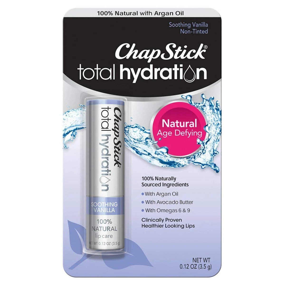 ChapStick Total Hydration Soothing Vanilla Moisturizing Lip Balm Tube, Lip Care with Argan Oil, Non-tinted, 0.12 Oz