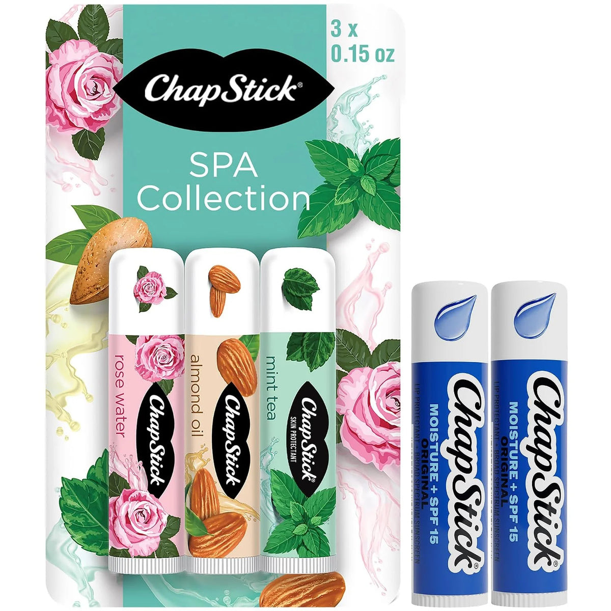 ChapStick Lip Balm Set, SPA Collection + 2 Moisture SPF 15, 0.15 Oz Ea