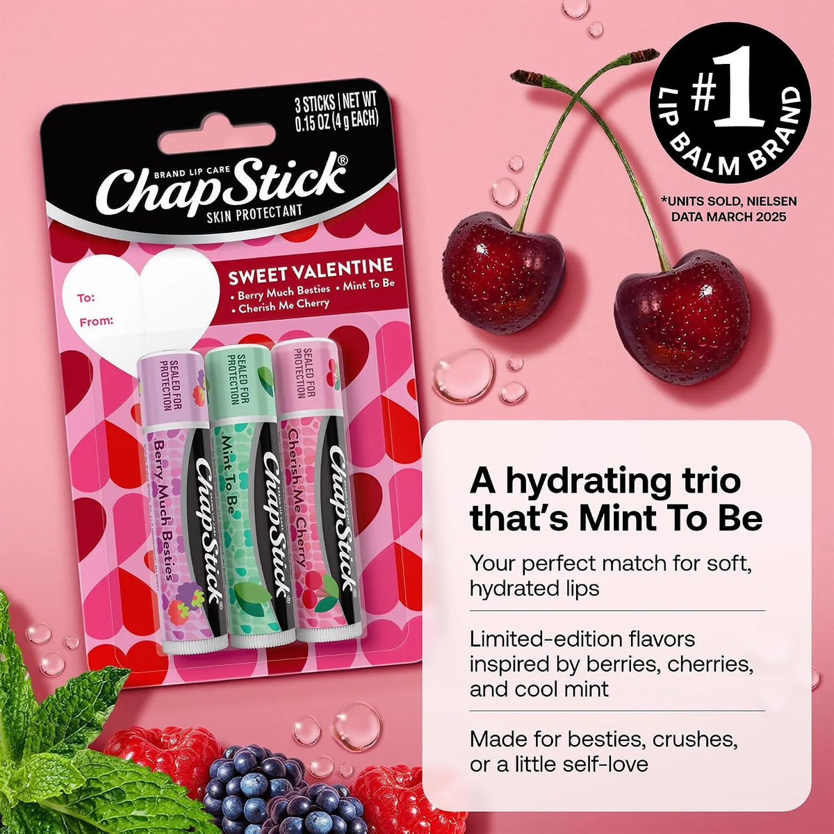 ChapStick Lip Balm Set, Sweet Valentine Variety 3-Pack – Berry Much Besties, Mint To Be, and Cherish Me Cherry Lip Care for Kissable Lips, Valentine’s Day Gifts, 0.15 Ea