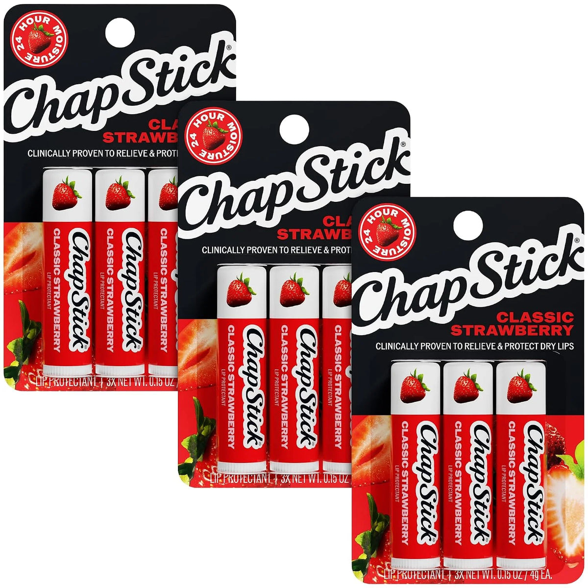 ChapStick Lip Balm, Classic Strawberry 3-Pack (9 Sticks), 0.15 Oz Ea