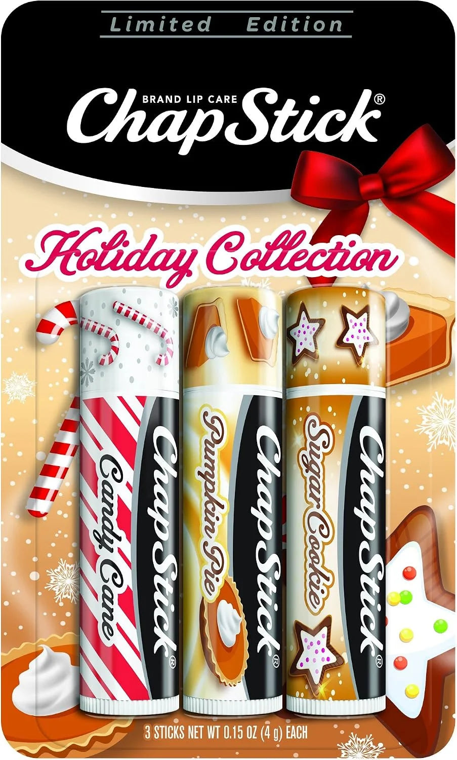 ChapStick Holiday Collection, Lip Balm Tube, 0.15 Ounce Each (Candy Cane, Pumpkin Pie & Sugar Cookie Flavors, 1 Blister Pack of 3 Sticks, Great Gifts for Women
