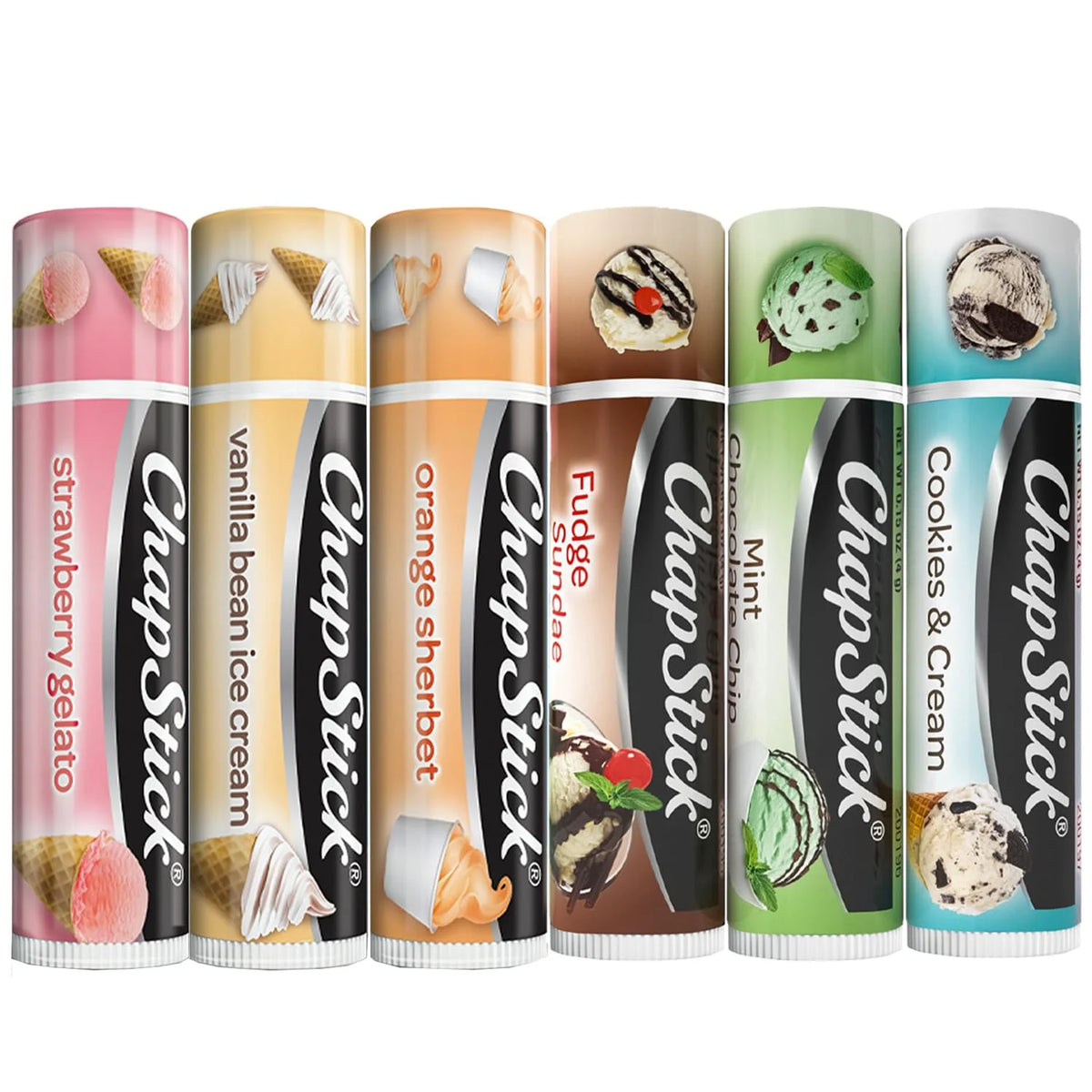 ChapStick Lip Balm, Ice Cream Collection 3-Pack + Ice Cream Classics 3-Pack – Fun & Flavorful Lip Care, Birthday Gift, Party Favors, Stocking Stuffers, 0.15 Oz Ea