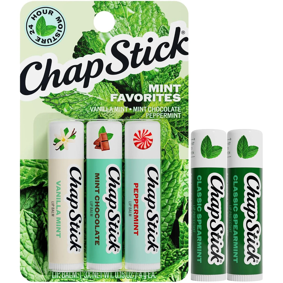 ChapStick Spearmint Lip Balms + Mint Favorites Variety Pack, 0.15 Oz Ea