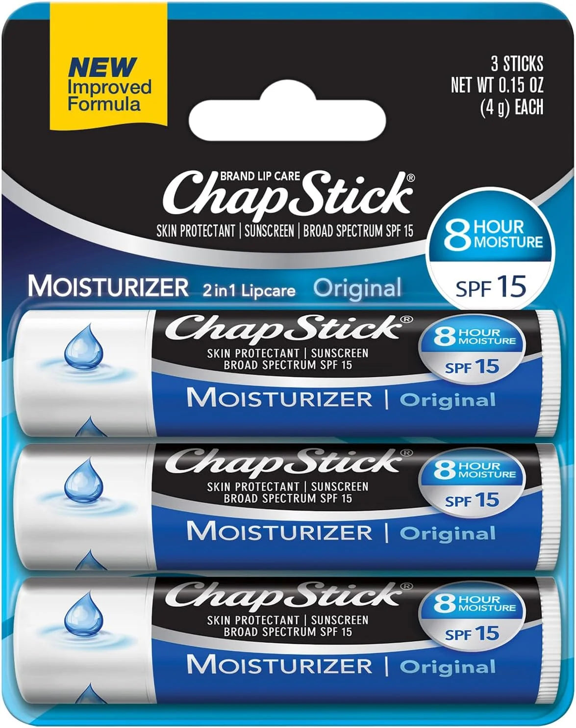 ChapStick Moisturizer 2-in-1 Lipcare SPF 15, Original, 3-Pack – Sunscreen Lip Balm with Aloe Vera and Vitamin E, 0.15 Ea