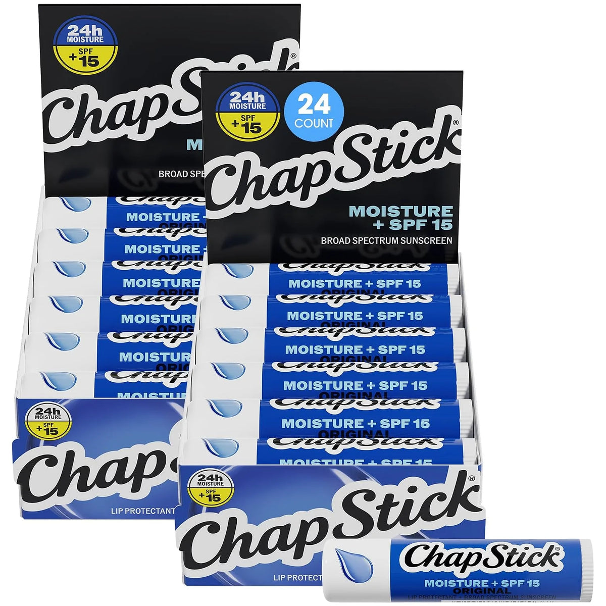 ChapStick Moisture + SPF 15 Bulk Lip Balm Sunscreen 24-Pack, 0.15 Oz Ea