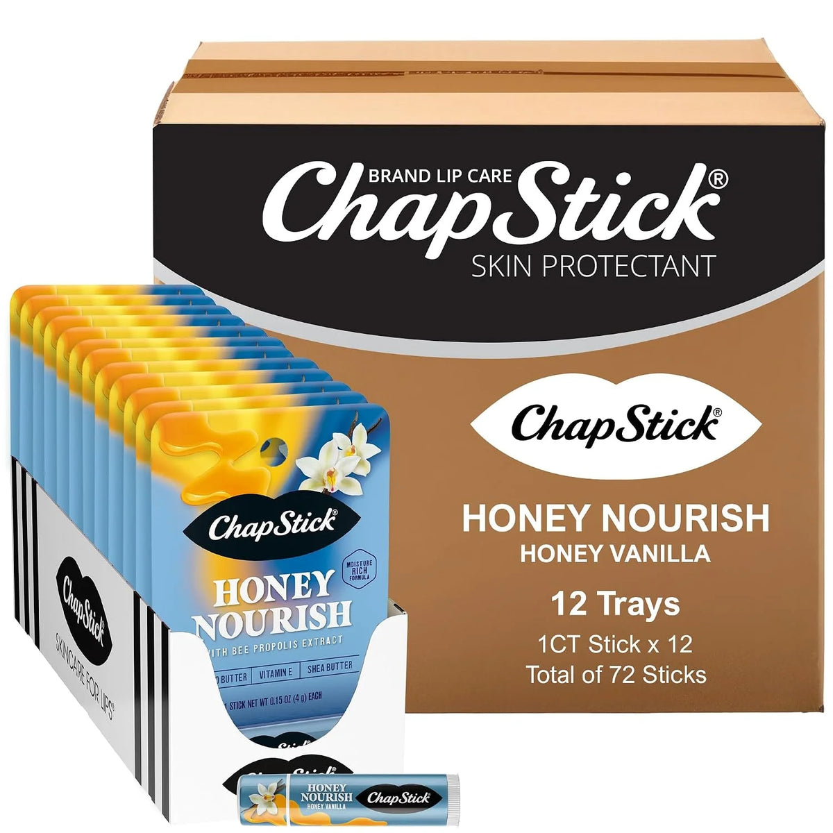 ChapStick Bulk Lip Balm Honey Nourish, Moisturizing Fomula with Shea Butter and Avocado Butter, Vitamin E, Honey Vanilla Flavor, Lip Care Tubes 0.15 oz, 72 ct case