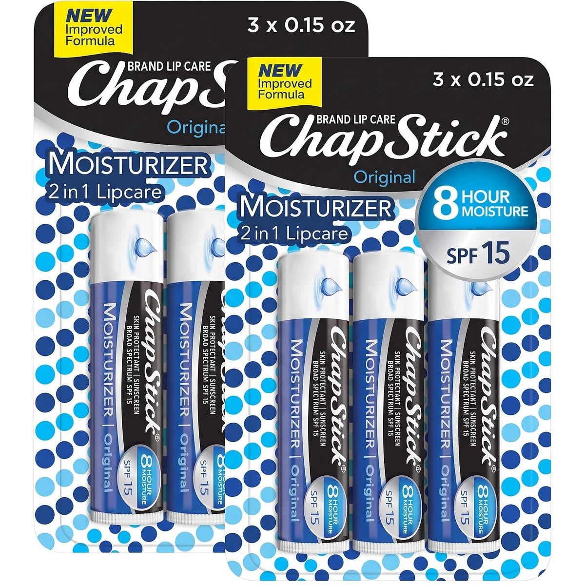 ChapStick Moisturizer Original Lip Balm Tubes, SPF 15 and Skin Protectant - 0.15 Oz, 3 Count (Pack of 2)